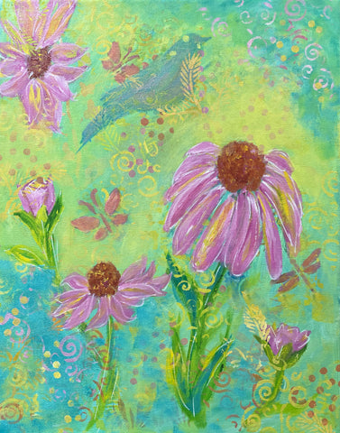 Blue Bird & Pink Coneflowers