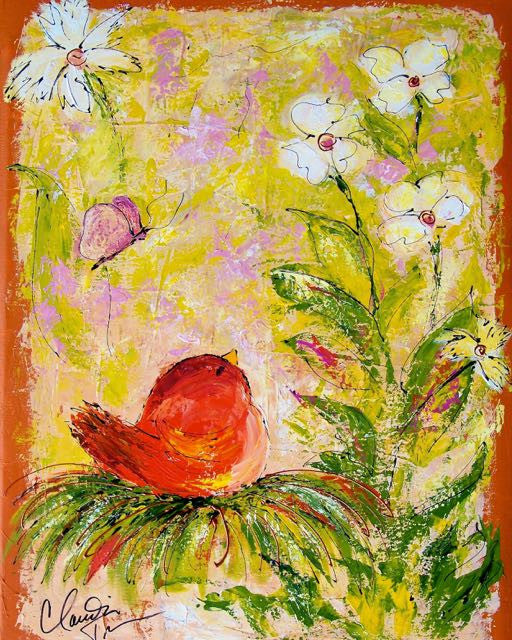 Orange Bird in Nest with Flowers