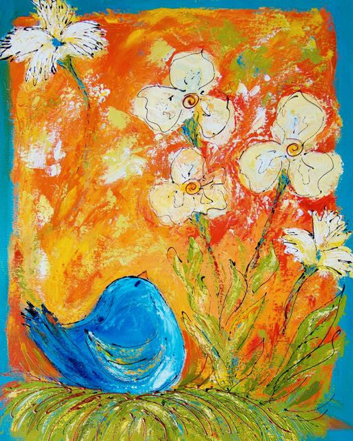 Blue Bird in Nest with Flowers