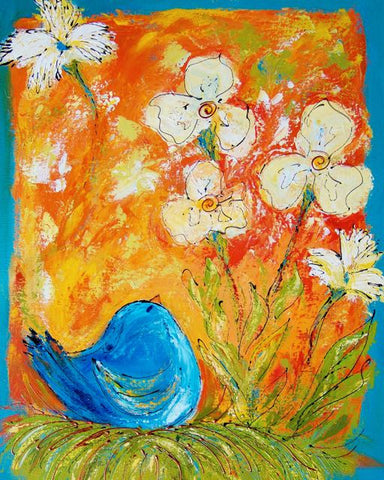 Blue Bird in Nest with Flowers