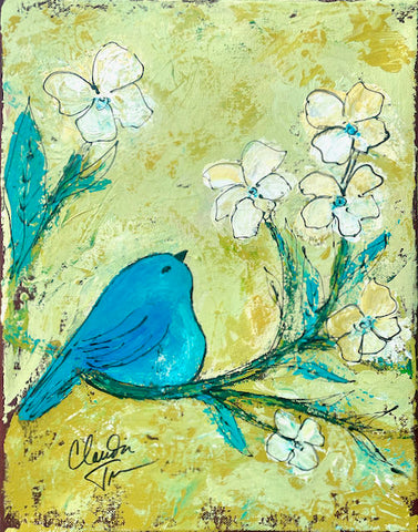 Teal Chubby Bird and White Flowers
