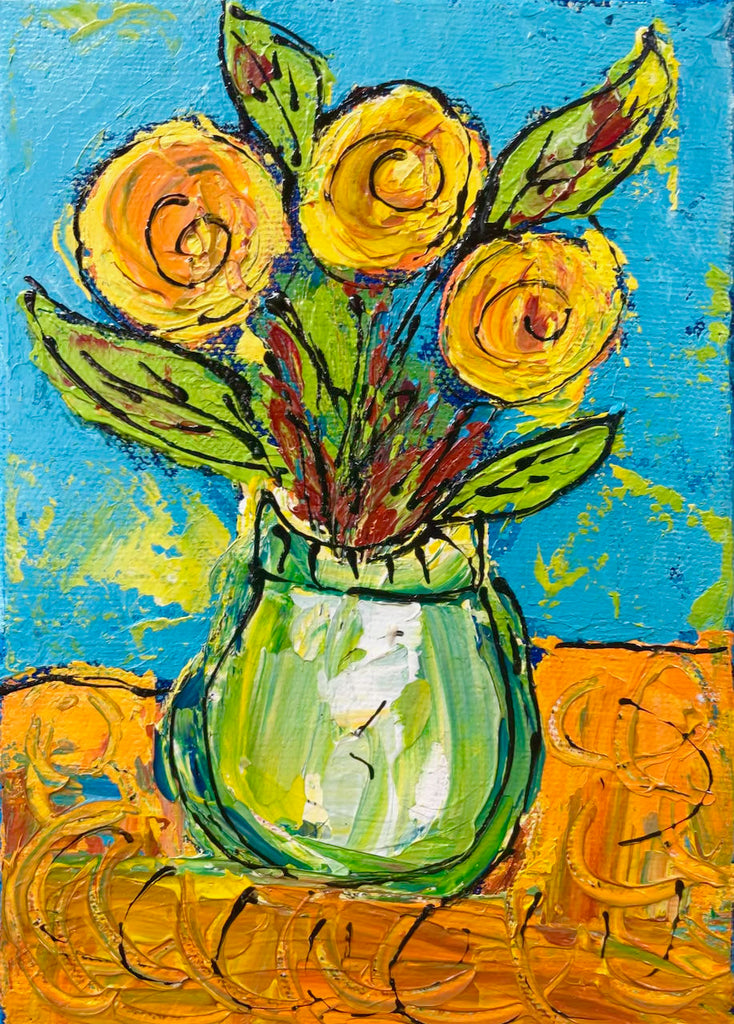 Swirly Flowers with Green Vase